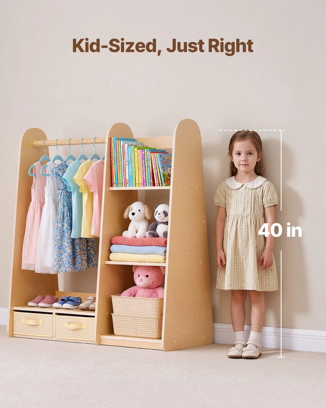 Alt view image 4 of 8 - VEVOR Kids Dress Up Storage, with Mirror, Dress Up Closet, Toddler Wardrobe Closet for Little Girls, Armoire with Shelves & Bottom Tray, Costume Organizer, Toddler Room Furniture, for Bedroom, Natural