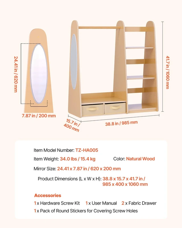 Alt view image 7 of 8 - VEVOR Kids Dress Up Storage, with Mirror, Dress Up Closet, Toddler Wardrobe Closet for Little Girls, Armoire with Shelves & Bottom Tray, Costume Organizer, Toddler Room Furniture, for Bedroom, Natural