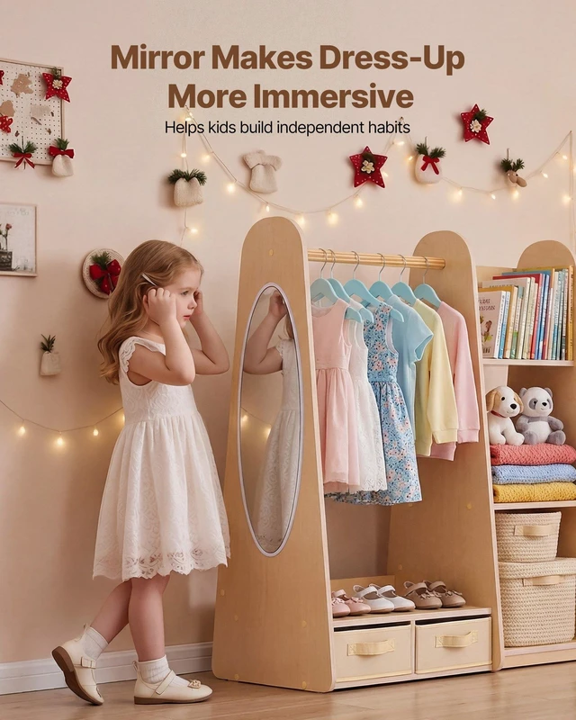 Alt view image 5 of 8 - VEVOR Kids Dress Up Storage, with Mirror, Dress Up Closet, Toddler Wardrobe Closet for Little Girls, Armoire with Shelves & Bottom Tray, Costume Organizer, Toddler Room Furniture, for Bedroom, Natural