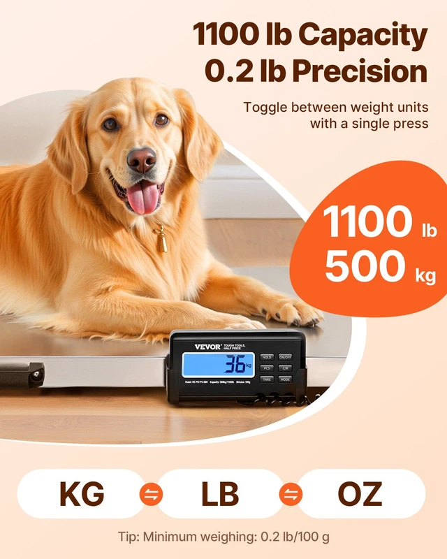 Alt view image 2 of 8 - VEVOR Digital Postal Scale, 0.2 lbs Dual Accuracy, 1100 lbs Commercial Weight Scale with Hold/Tare Function & LCD Display, Fit for Packages, Postage, Luggage, Battery and Power Adapter Included