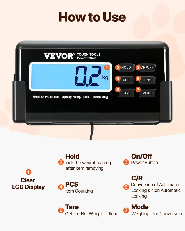 Alt view image 6 of 8 - VEVOR Digital Postal Scale, 0.2 lbs Dual Accuracy, 1100 lbs Commercial Weight Scale with Hold/Tare Function & LCD Display, Fit for Packages, Postage, Luggage, Battery and Power Adapter Included