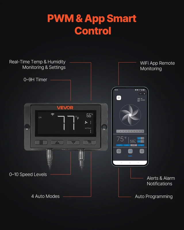 Alt view image 4 of 8 - VEVOR Inline Duct Fan Kit Carbon Filter, 205 CFM 4 inch EC Motor Exhaust Ventilation Fan with 10-Speed, PWM Controller, App Control, Timer, Cooling System for Grow Tent, Indoor Gardening, Hydroponics