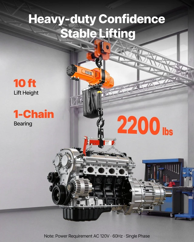 Alt view image 2 of 8 - VEVOR 2200 lbs Electric Chain Hoist, 10 ft Lifting Height, 120V Single Phase Overhead Crane with 10 ft Wired Remote Control, G100 Chain Electric Lift Hoist for Factories, Warehouses, Garages