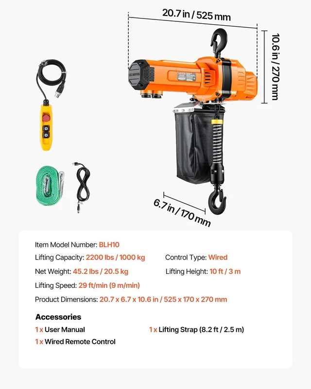 Alt view image 7 of 8 - VEVOR 2200 lbs Electric Chain Hoist, 10 ft Lifting Height, 120V Single Phase Overhead Crane with 10 ft Wired Remote Control, G100 Chain Electric Lift Hoist for Factories, Warehouses, Garages