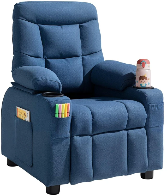 Main image of VEVOR Kids Recliner Chair, Toddler Lounger with Cup Holders & Pockets, 107° to 126° Adjustable Back, Breathable Polyester Upholstery Reclining Sofa with Foot-rest, for Boys and Girls, Children (Blue)