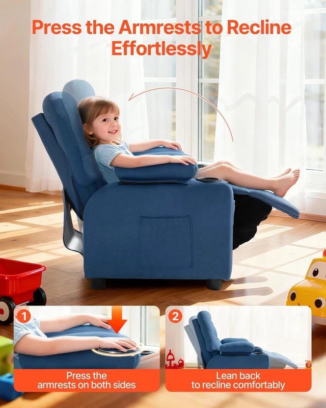 Alt view image 3 of 8 - VEVOR Kids Recliner Chair, Toddler Lounger with Cup Holders & Pockets, 107° to 126° Adjustable Back, Breathable Polyester Upholstery Reclining Sofa with Foot-rest, for Boys and Girls, Children (Blue)
