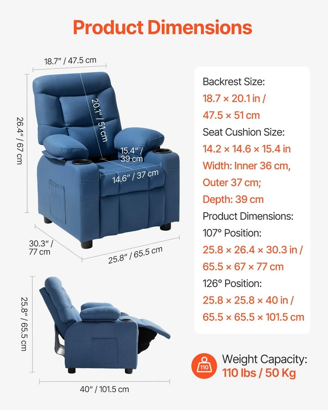 Alt view image 4 of 8 - VEVOR Kids Recliner Chair, Toddler Lounger with Cup Holders & Pockets, 107° to 126° Adjustable Back, Breathable Polyester Upholstery Reclining Sofa with Foot-rest, for Boys and Girls, Children (Blue)