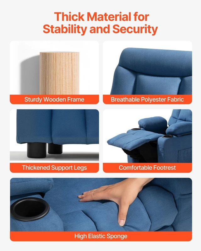 Alt view image 5 of 8 - VEVOR Kids Recliner Chair, Toddler Lounger with Cup Holders & Pockets, 107° to 126° Adjustable Back, Breathable Polyester Upholstery Reclining Sofa with Foot-rest, for Boys and Girls, Children (Blue)