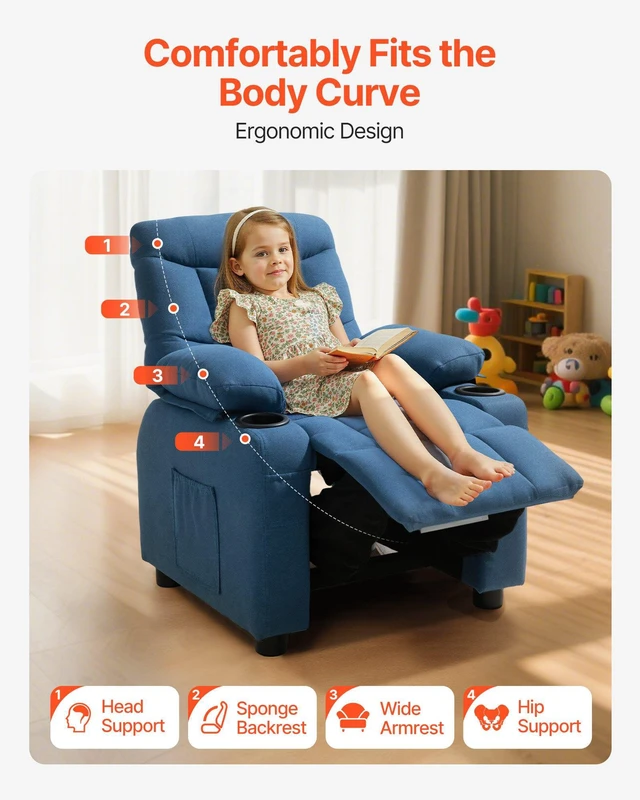 Alt view image 6 of 8 - VEVOR Kids Recliner Chair, Toddler Lounger with Cup Holders & Pockets, 107° to 126° Adjustable Back, Breathable Polyester Upholstery Reclining Sofa with Foot-rest, for Boys and Girls, Children (Blue)