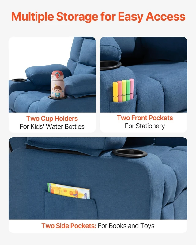 Alt view image 7 of 8 - VEVOR Kids Recliner Chair, Toddler Lounger with Cup Holders & Pockets, 107° to 126° Adjustable Back, Breathable Polyester Upholstery Reclining Sofa with Foot-rest, for Boys and Girls, Children (Blue)