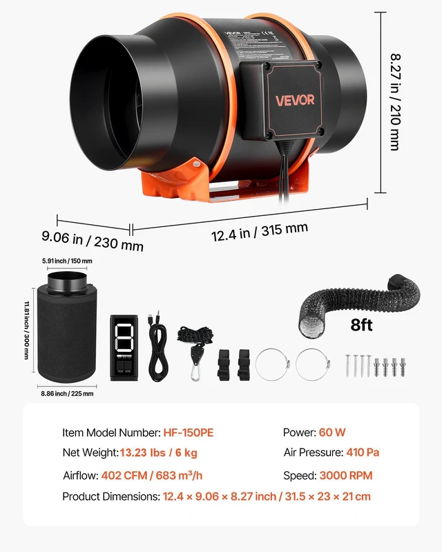 Alt view image 7 of 8 - VEVOR Inline Duct Fan Kit with Carbon Filter, 402 CFM 6 inch EC Motor Ventilation Fan with 3-Speed Circulation, 10-Speed PWM Controller, Timer, Cooling for Grow Tents, Indoor Gardening, Hydroponics