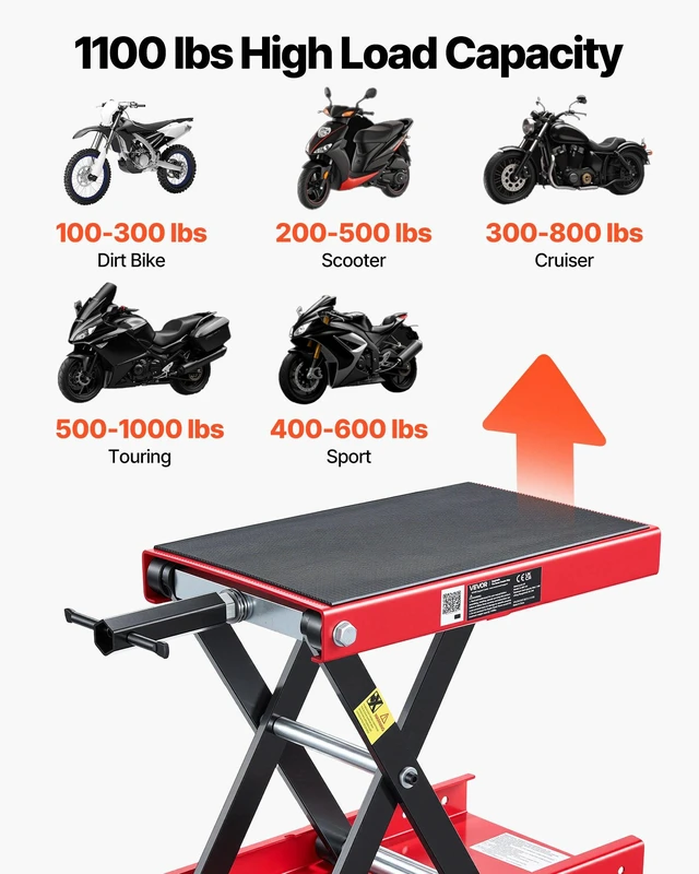 Alt view image 2 of 8 - VEVOR Motorcycle Lift, 1100 lbs Motorcycle Scissor Lift Jack with Wide Deck & Lock Pin, 3.74"-13.38" Center Hoist Crank Stand, Steel Scissor Jack for Street Bikes, Cruiser Bikes, Touring, Red/Black