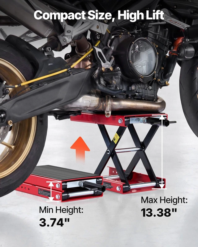 Alt view image 3 of 8 - VEVOR Motorcycle Lift, 1100 lbs Motorcycle Scissor Lift Jack with Wide Deck & Lock Pin, 3.74"-13.38" Center Hoist Crank Stand, Steel Scissor Jack for Street Bikes, Cruiser Bikes, Touring, Red/Black