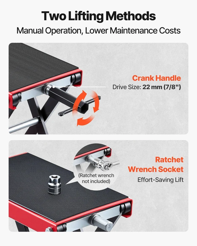 Alt view image 4 of 8 - VEVOR Motorcycle Lift, 1100 lbs Motorcycle Scissor Lift Jack with Wide Deck & Lock Pin, 3.74"-13.38" Center Hoist Crank Stand, Steel Scissor Jack for Street Bikes, Cruiser Bikes, Touring, Red/Black