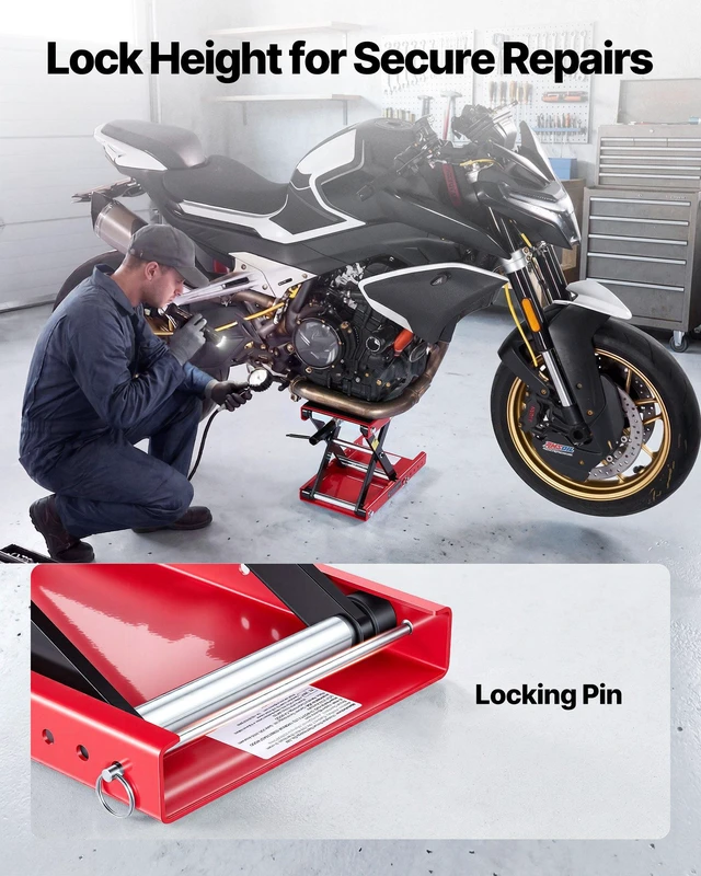 Alt view image 5 of 8 - VEVOR Motorcycle Lift, 1100 lbs Motorcycle Scissor Lift Jack with Wide Deck & Lock Pin, 3.74"-13.38" Center Hoist Crank Stand, Steel Scissor Jack for Street Bikes, Cruiser Bikes, Touring, Red/Black