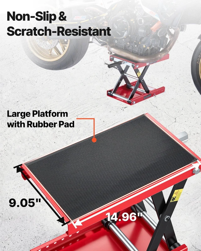 Alt view image 6 of 8 - VEVOR Motorcycle Lift, 1100 lbs Motorcycle Scissor Lift Jack with Wide Deck & Lock Pin, 3.74"-13.38" Center Hoist Crank Stand, Steel Scissor Jack for Street Bikes, Cruiser Bikes, Touring, Red/Black