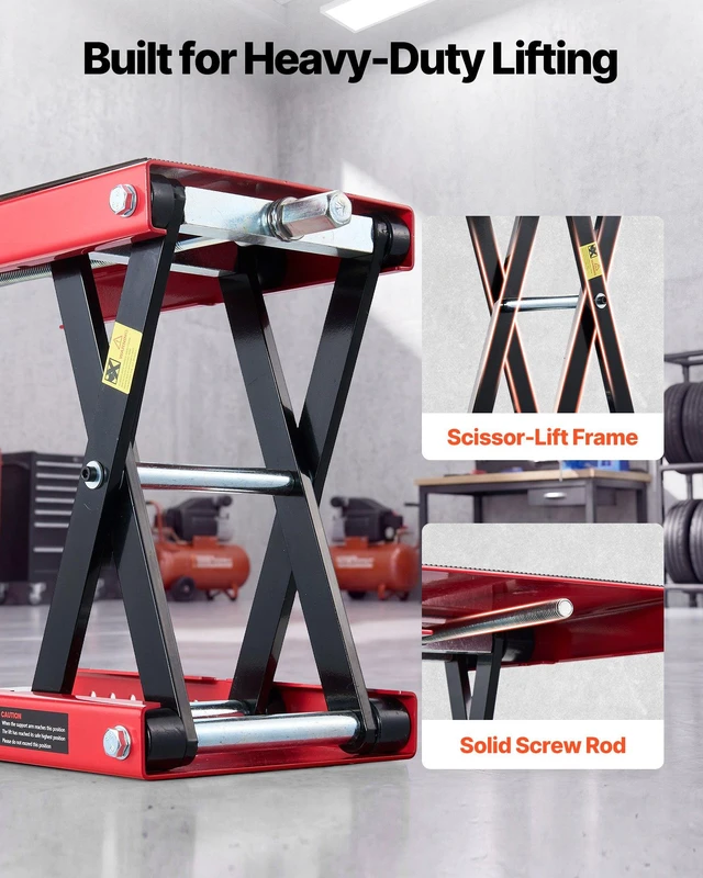 Alt view image 7 of 8 - VEVOR Motorcycle Lift, 1100 lbs Motorcycle Scissor Lift Jack with Wide Deck & Lock Pin, 3.74"-13.38" Center Hoist Crank Stand, Steel Scissor Jack for Street Bikes, Cruiser Bikes, Touring, Red/Black