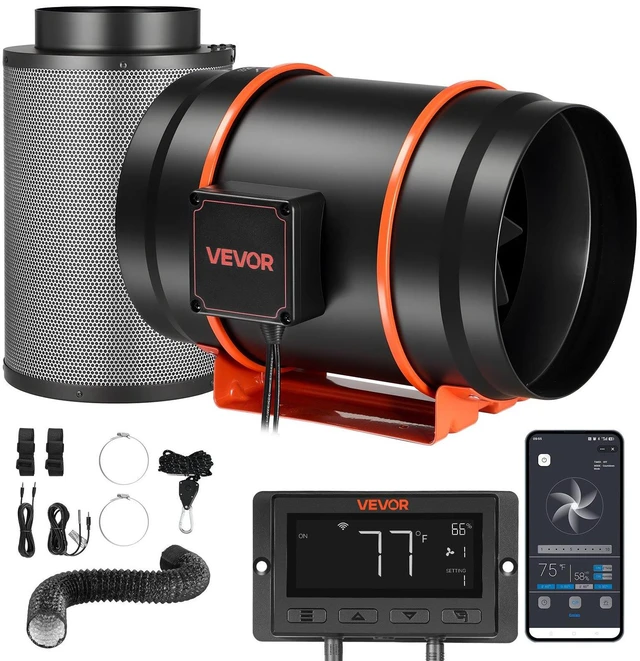 Main image of VEVOR Inline Duct Fan Kit Carbon Filter, 807 CFM 8 inch EC Motor Exhaust Ventilation Fan with 10-Speed, PWM Controller, App Control, Timer, Cooling for Grow Tent, Indoor Gardening, Hydroponics