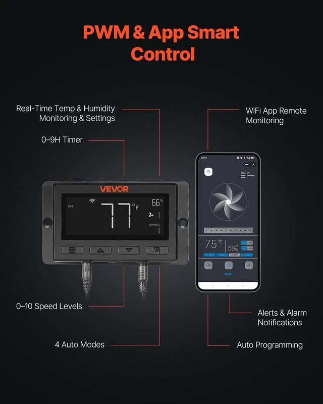 Alt view image 4 of 8 - VEVOR Inline Duct Fan Kit Carbon Filter, 807 CFM 8 inch EC Motor Exhaust Ventilation Fan with 10-Speed, PWM Controller, App Control, Timer, Cooling for Grow Tent, Indoor Gardening, Hydroponics