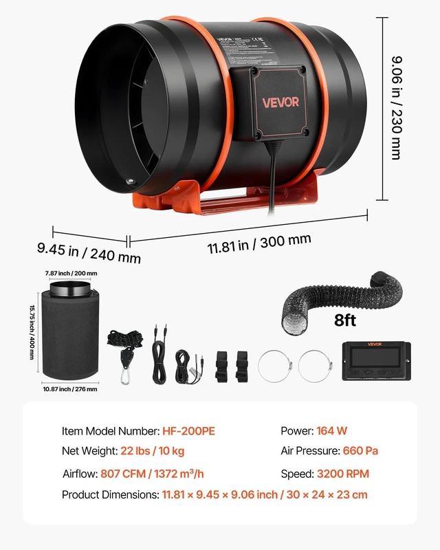 Alt view image 7 of 8 - VEVOR Inline Duct Fan Kit Carbon Filter, 807 CFM 8 inch EC Motor Exhaust Ventilation Fan with 10-Speed, PWM Controller, App Control, Timer, Cooling for Grow Tent, Indoor Gardening, Hydroponics