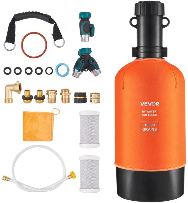 Main image of VEVOR RV Water Softener, 16,000 Grain, Portable Water Softener with Filter System, NPT 3/4" Fittings, Food-Grade Resin, Quick Connect, for RVs, Trailers, Boats, Mobile Car Washing, Pressure Washing