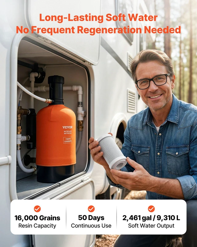 Alt view image 4 of 8 - VEVOR RV Water Softener, 16,000 Grain, Portable Water Softener with Filter System, NPT 3/4" Fittings, Food-Grade Resin, Quick Connect, for RVs, Trailers, Boats, Mobile Car Washing, Pressure Washing