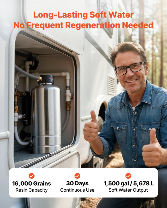 Alt view image 4 of 8 - VEVOR RV Water Softener, 16,000 Grain, Portable Water Softener with NPT 3/4" Fittings, Food-Grade Resin, Stainless Steel, Quick Connect, for RVs, Trailers, Boats, Mobile Car Washing, Pressure Washing