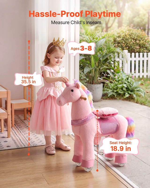 Alt view image 3 of 8 - VEVOR Ride On Horse, Riding Pink Unicorn Toys for Kids, No Battery Required, Smooth Wheels with Anti-Roll Stop Ring, Upgraded Raised Seat, Handles, Pedals, 110 lbs Max Load Capacity for Ages 3-8