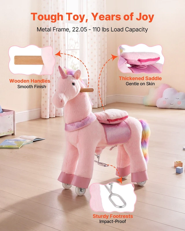 Alt view image 5 of 8 - VEVOR Ride On Horse, Riding Pink Unicorn Toys for Kids, No Battery Required, Smooth Wheels with Anti-Roll Stop Ring, Upgraded Raised Seat, Handles, Pedals, 110 lbs Max Load Capacity for Ages 3-8