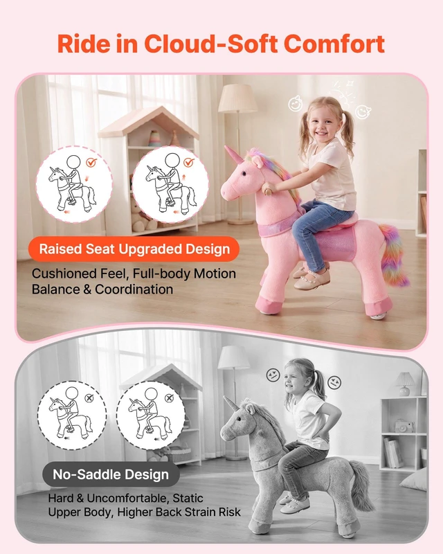 Alt view image 6 of 8 - VEVOR Ride On Horse, Riding Pink Unicorn Toys for Kids, No Battery Required, Smooth Wheels with Anti-Roll Stop Ring, Upgraded Raised Seat, Handles, Pedals, 110 lbs Max Load Capacity for Ages 3-8