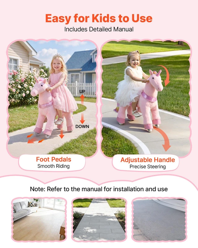 Alt view image 7 of 8 - VEVOR Ride On Horse, Riding Pink Unicorn Toys for Kids, No Battery Required, Smooth Wheels with Anti-Roll Stop Ring, Upgraded Raised Seat, Handles, Pedals, 110 lbs Max Load Capacity for Ages 3-8
