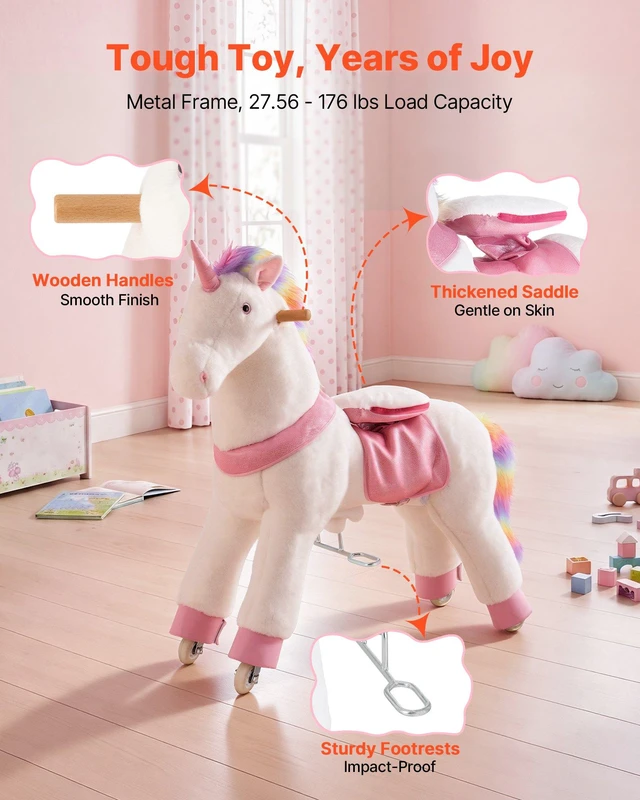 Alt view image 5 of 8 - VEVOR Ride On Horse, Riding Unicorn Toys for Kids, No Battery Required, Smooth Wheels with Anti-Roll Stop Ring, Upgraded Raised Seat, Handles, Sturdy Pedals, 176 lbs Max Load Capacity for Ages 6+