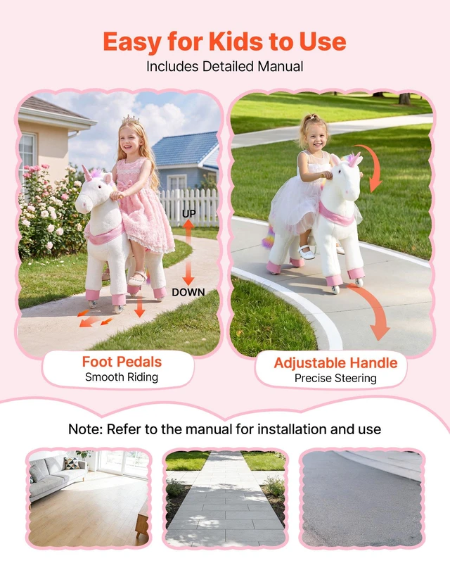 Alt view image 7 of 8 - VEVOR Ride On Horse, Riding Unicorn Toys for Kids, No Battery Required, Smooth Wheels with Anti-Roll Stop Ring, Upgraded Raised Seat, Handles, Sturdy Pedals, 176 lbs Max Load Capacity for Ages 6+