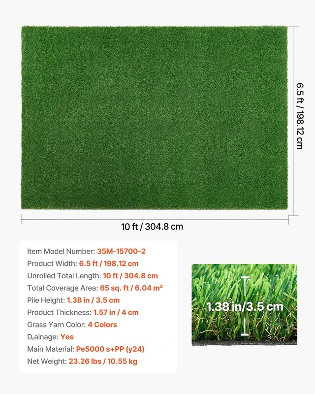 Alt view image 7 of 8 - VEVOR Artificial Grass, 10 x 6.5 ft Fake Grass Turf Rug, 1.38 in Pile Height Realistic Synthetic Lawn Carpet Roll Mat, Easy Clean Drainage Holes for Patio, Garden, Balcony, Outdoor Indoor Decor, Green