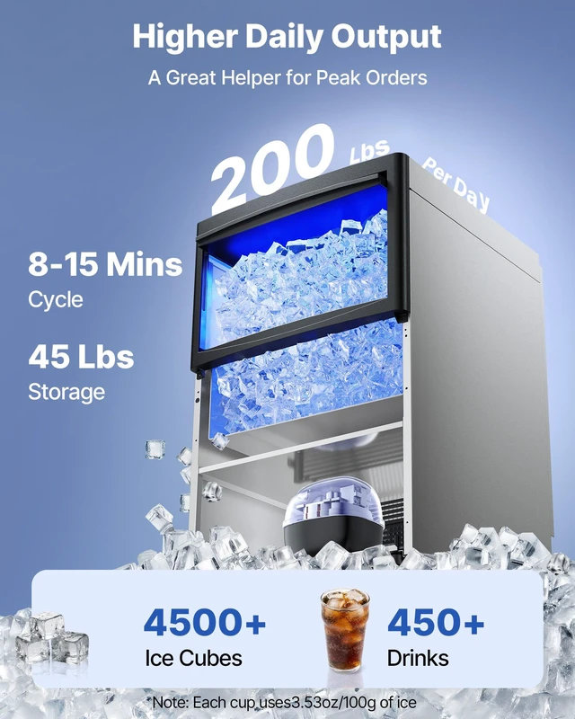 Alt view image 2 of 8 - VEVOR Commercial Ice Maker Machine, 200 lbs/24h with 50 lbs Storage Capacity, Built-in/Freestanding/Under Counter, Stainless Steel Ice Maker with LED Display & Self-Cleaning, for Home Bar Restaurant