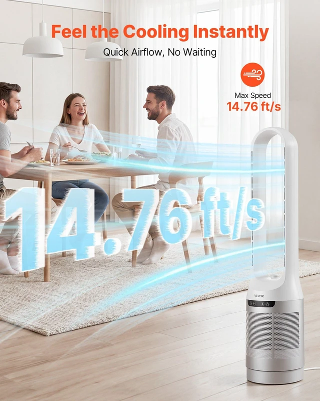 Alt view image 3 of 8 - VEVOR Bladeless Tower Fan, 65° Oscillating Standing Fan, 12 Speeds & 4 Modes & 8H Timer, 14.76 ft/s High Velocity Floor Air Circulator, Powerful Airflow for Bedroom, Living Room, Home, Office, White