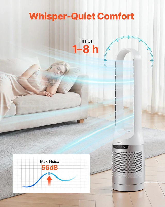 Alt view image 2 of 8 - VEVOR Bladeless Tower Fan, 65° Oscillating Standing Fan, 12 Speeds & 4 Modes & 8H Timer, 14.76 ft/s High Velocity Floor Air Circulator, Powerful Airflow for Bedroom, Living Room, Home, Office, White