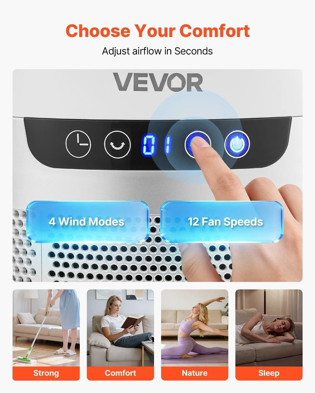 Alt view image 4 of 8 - VEVOR Bladeless Tower Fan, 65° Oscillating Standing Fan, 12 Speeds & 4 Modes & 8H Timer, 14.76 ft/s High Velocity Floor Air Circulator, Powerful Airflow for Bedroom, Living Room, Home, Office, White
