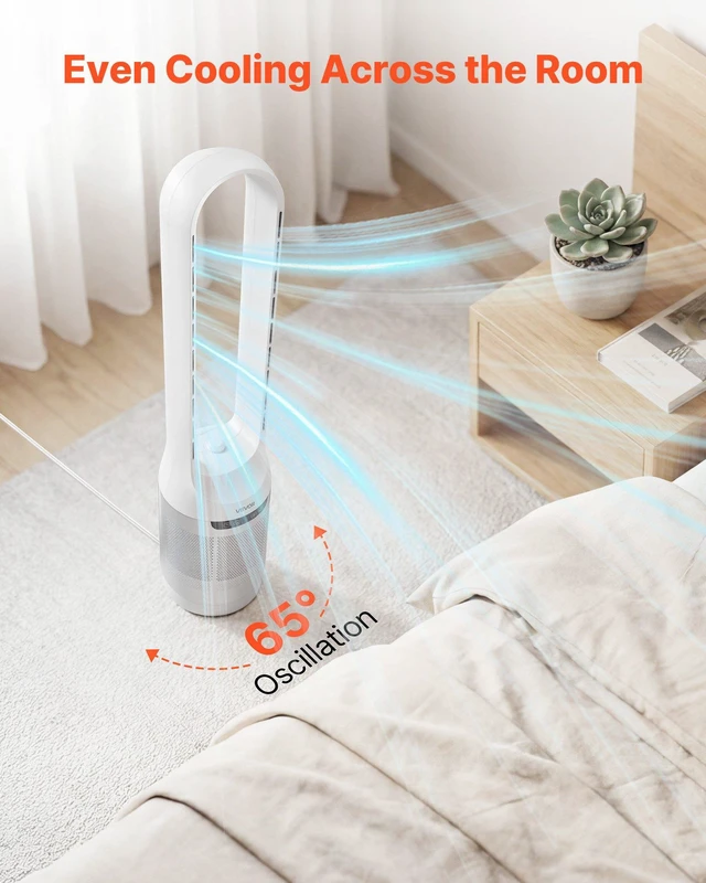 Alt view image 5 of 8 - VEVOR Bladeless Tower Fan, 65° Oscillating Standing Fan, 12 Speeds & 4 Modes & 8H Timer, 14.76 ft/s High Velocity Floor Air Circulator, Powerful Airflow for Bedroom, Living Room, Home, Office, White