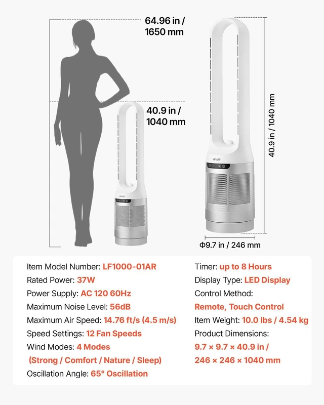Alt view image 7 of 8 - VEVOR Bladeless Tower Fan, 65° Oscillating Standing Fan, 12 Speeds & 4 Modes & 8H Timer, 14.76 ft/s High Velocity Floor Air Circulator, Powerful Airflow for Bedroom, Living Room, Home, Office, White