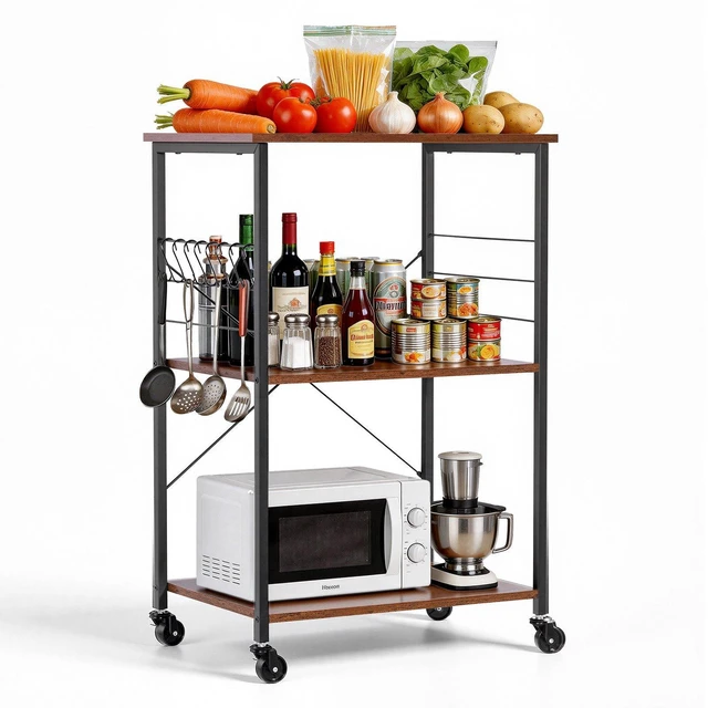 Main image of VEVOR Kitchen Utility Cart, 3 Tier 23.7 in Microwave Stand Coffee Cart, Heavy Duty Storage Rack, Service Trolley on Wheels, Industrial Rolling Work Table with 8 Hooks, for Mini Oven, Toaster, Vintage