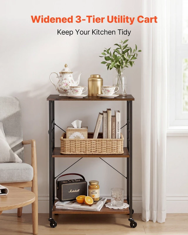 Alt view image 2 of 8 - VEVOR Kitchen Utility Cart, 3 Tier 23.7 in Microwave Stand Coffee Cart, Heavy Duty Storage Rack, Service Trolley on Wheels, Industrial Rolling Work Table with 8 Hooks, for Mini Oven, Toaster, Vintage