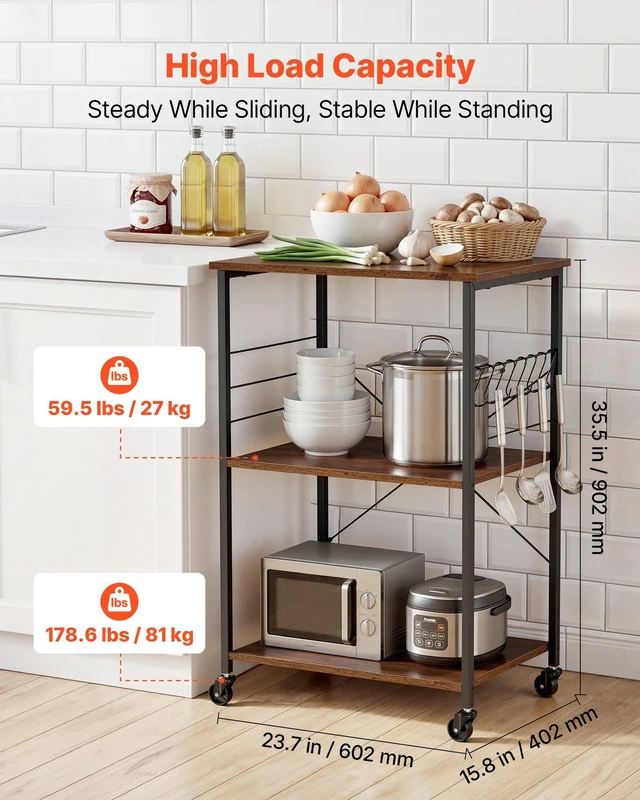 Alt view image 3 of 8 - VEVOR Kitchen Utility Cart, 3 Tier 23.7 in Microwave Stand Coffee Cart, Heavy Duty Storage Rack, Service Trolley on Wheels, Industrial Rolling Work Table with 8 Hooks, for Mini Oven, Toaster, Vintage