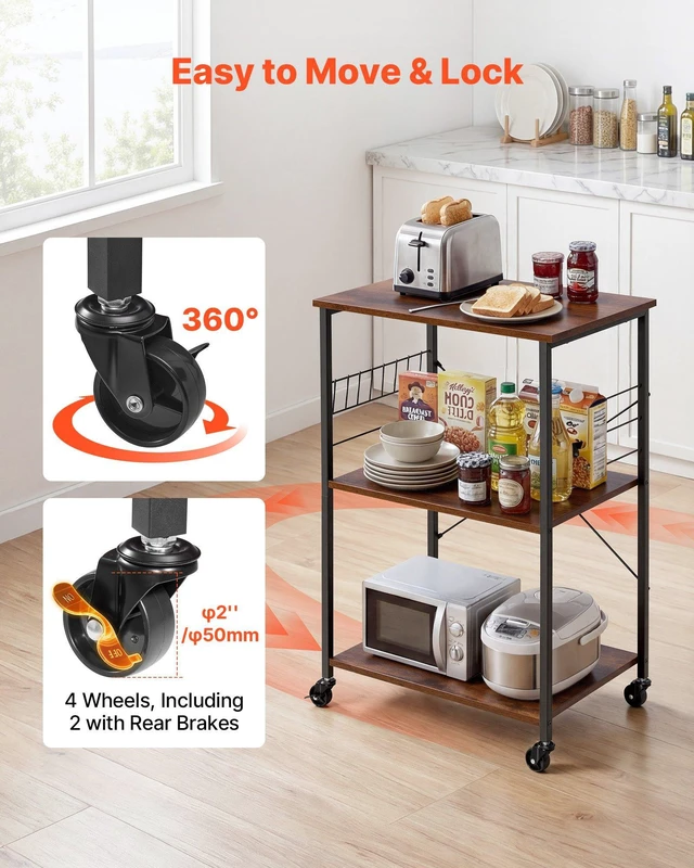 Alt view image 5 of 8 - VEVOR Kitchen Utility Cart, 3 Tier 23.7 in Microwave Stand Coffee Cart, Heavy Duty Storage Rack, Service Trolley on Wheels, Industrial Rolling Work Table with 8 Hooks, for Mini Oven, Toaster, Vintage