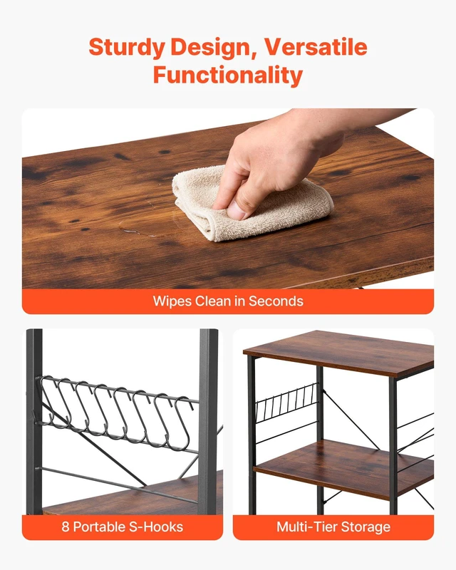 Alt view image 6 of 8 - VEVOR Kitchen Utility Cart, 3 Tier 23.7 in Microwave Stand Coffee Cart, Heavy Duty Storage Rack, Service Trolley on Wheels, Industrial Rolling Work Table with 8 Hooks, for Mini Oven, Toaster, Vintage