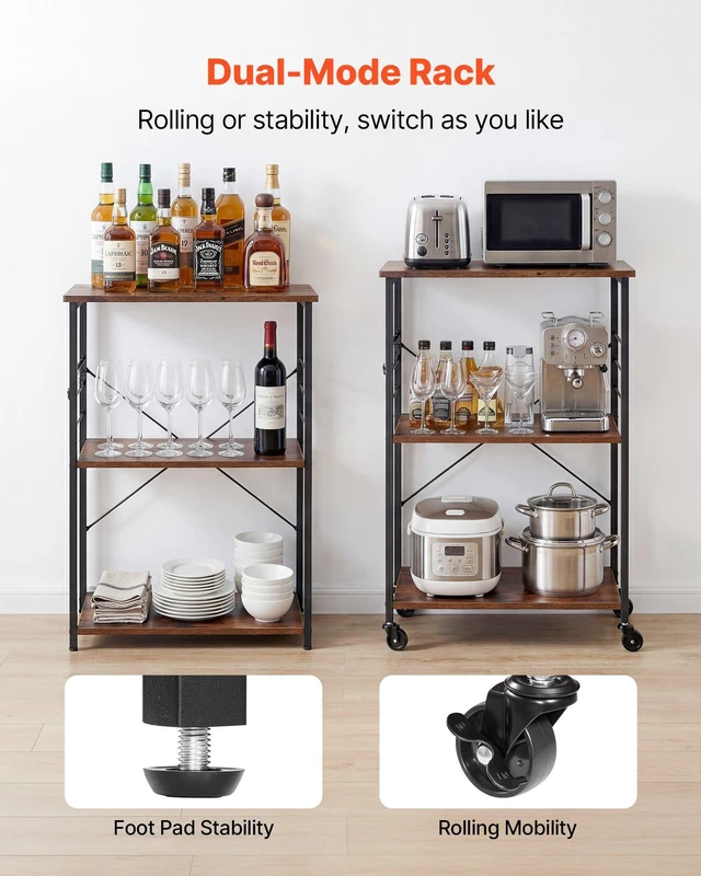 Alt view image 7 of 8 - VEVOR Kitchen Utility Cart, 3 Tier 23.7 in Microwave Stand Coffee Cart, Heavy Duty Storage Rack, Service Trolley on Wheels, Industrial Rolling Work Table with 8 Hooks, for Mini Oven, Toaster, Vintage