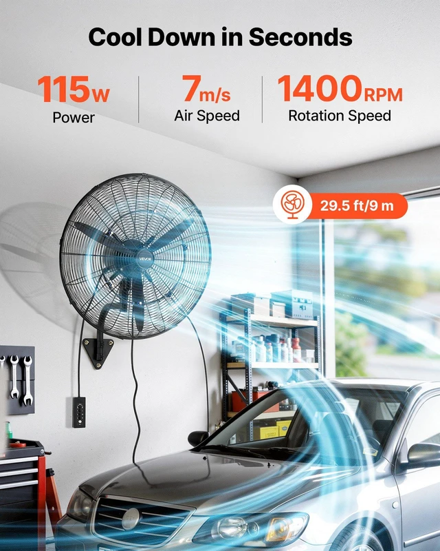 Alt view image 2 of 8 - VEVOR Wall Mount Fan, 24 in Wall Mounted Hanging Fan with Oscillating & Mist, IP44-rated, 3-Speed, Powerful Air Reach, Mechanical Control, Long Airflow for Industry, Commercial, Garage, Workshop