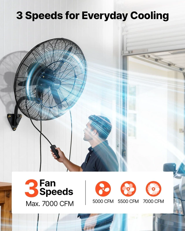 Alt view image 4 of 8 - VEVOR Wall Mount Fan, 24 in Wall Mounted Hanging Fan with Oscillating & Mist, IP44-rated, 3-Speed, Powerful Air Reach, Mechanical Control, Long Airflow for Industry, Commercial, Garage, Workshop