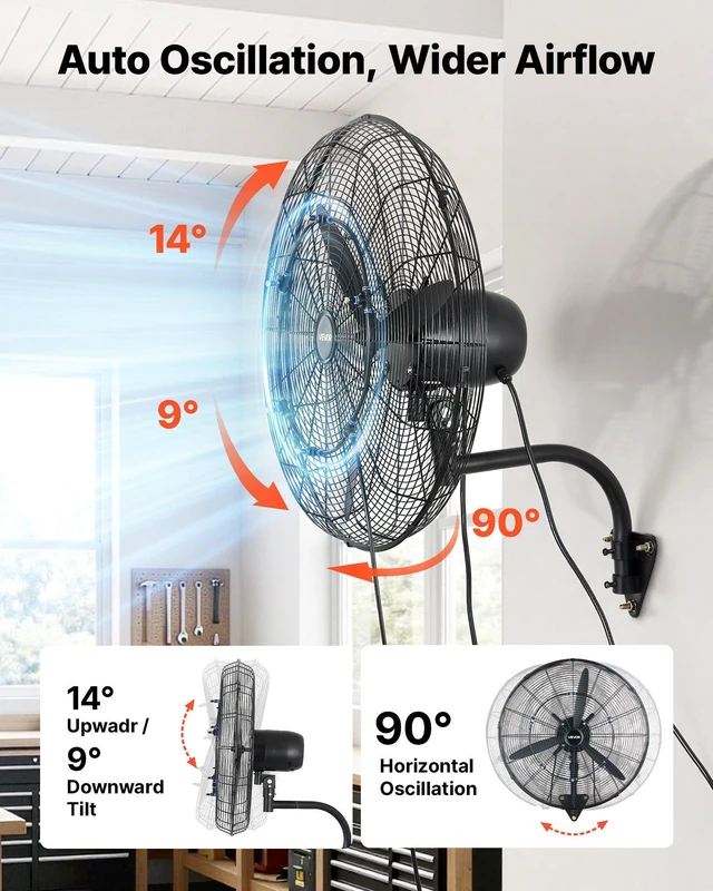 Alt view image 5 of 8 - VEVOR Wall Mount Fan, 24 in Wall Mounted Hanging Fan with Oscillating & Mist, IP44-rated, 3-Speed, Powerful Air Reach, Mechanical Control, Long Airflow for Industry, Commercial, Garage, Workshop