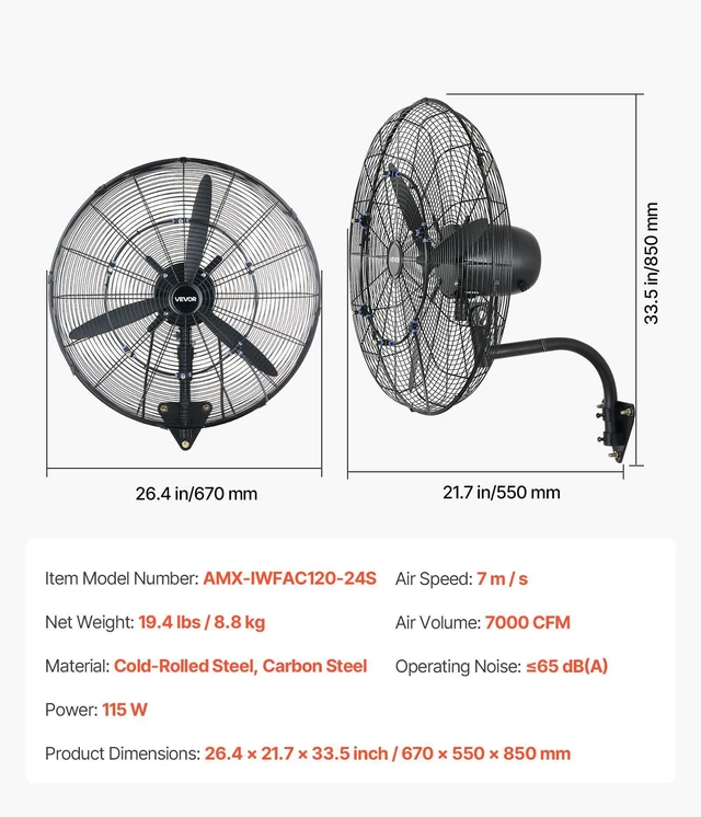Alt view image 6 of 8 - VEVOR Wall Mount Fan, 24 in Wall Mounted Hanging Fan with Oscillating & Mist, IP44-rated, 3-Speed, Powerful Air Reach, Mechanical Control, Long Airflow for Industry, Commercial, Garage, Workshop